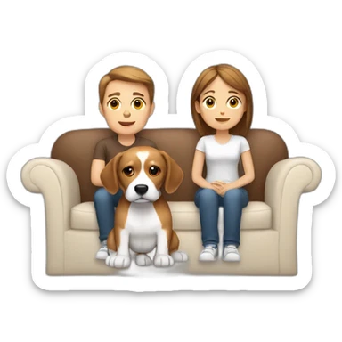 Brown hair White boy and girl with beagle Sit on couch sticker