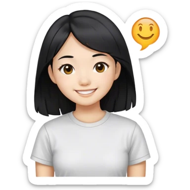 an asian girl with straight black hair, slight waves, smiling, wearing tshirt sticker