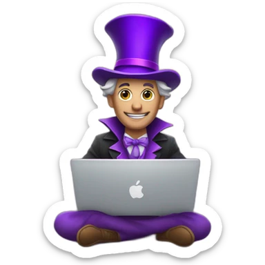 magician with a purple pointy magic hat with a star working on a macbook sticker