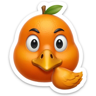 an orange fruit with duck beak and black dot eyes cartoon style unrealistick sticker