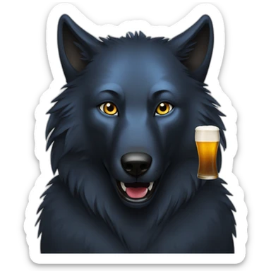 black wolf with blue eyes drinks a beer sticker