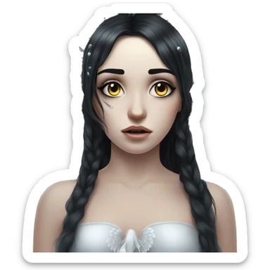 Crying eyes water woman tearing eyes pale skin black hair on the floor magical woman with angel wings  sticker