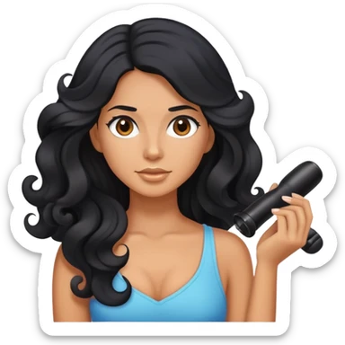 tanned woman with long black hair curling her hair, getting ready sticker