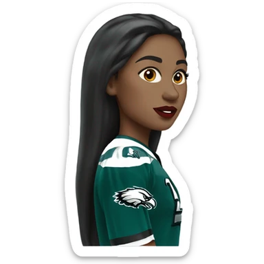 White female long dark hair red lips wearing Philadelphia Eagles jersey sticker