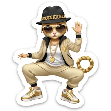 female cat wearing Run DMC hip-hop outfit with tracksuit, fedora, Adidas sneakers, dark sunglasses, many gold chains and bling accessories, break dancing sticker