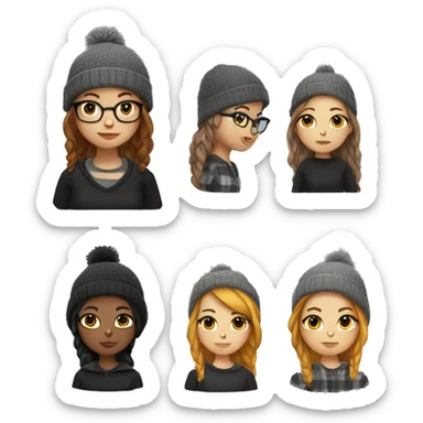 hipster girl with a grey beanie, a black dress, and a flannel sweater sticker