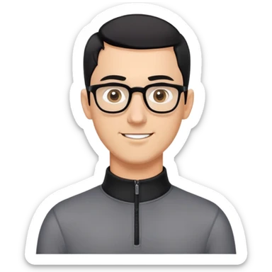 Caucasian man with black hair cut extremely short (almost buzz cut), short beard with gray streaks, large black eyeglasses, cheerful expression, black long sleeve shirt with quarter zip collar sticker