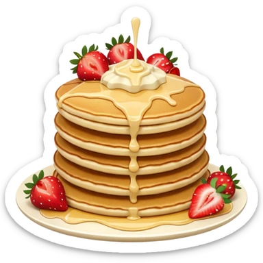 a stack of 3 pancakes with melted white chocolate drizzle on the top pancake and strawberries sticker