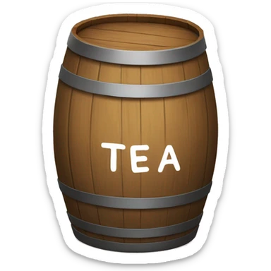Wooden barrel that says "TEA" with big letters on it sticker
