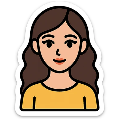 oval face with wide dark eyes and long eyelashes, soft nose and lips, light skin, long wavy dark brown hair, slim body, simple elegant clothes without hijab, colorful icon style with clear lines sticker
