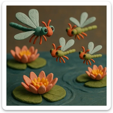 claymation style dragonfly family flying in a circle above water lilies, colorful and whimsical, soft lighting sticker