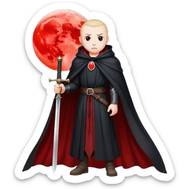 A lone swordsman in a flowing black cloak, standing under a blood-red moon sticker