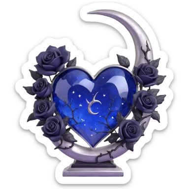 gothic heart, midnight blue glass, silver crescent moon, black roses, stardust, lightning, rain, cracked glass, vintage style sticker