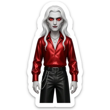 Count Dracula with red eyes, long white hair, red metallic shirt, black metallic baggy pants, silver necklace sticker
