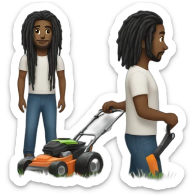 Black man with dreads with a lawn mower sticker