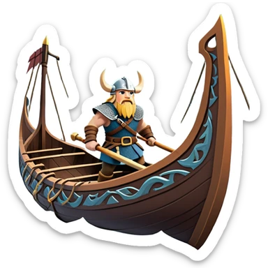 clash-of-clans-aesthetic_-cinematic-viking-longboat, rendered in a flat, bold vector style with minimal shading, featuring a striking dragon-headed prow slicing through icy, churning waters. shields on the side and vikings rowing The longboat’s intricately detailed shields and carved motifs evoke a sense of epic adventure and Nordic might, with billowing sails catching a dramatic, stormy sky backdrop. sticker