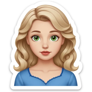 Generate an emoji of a white girl with a round face structure, light brown almost blonde loose curls, large forehead, brown arched brows, almond big green eyes with a lil blue in them, large rosy cheekbones and big rosy lips and a jawline sticker