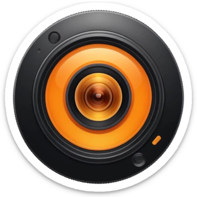 A round camera lens, apple emoji style, minimalist, with highlights, orange sticker