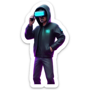 Walter White wearing a black hoodie with "OMG" letters on it and VR headset in a cyberpunk VR environment with violet neon lighting. sticker
