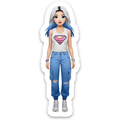Tall-full body-long legs-huge female chest-very excited-very-beautiful-face-white torn cargo pants-light-pink-lips-very long-very-straight-dark-blue-ombre-hair-and-blue-eyes-thick-black-eyeliner-thick-long-eyelashes-sky blue-superman-low cut tank top-silver-hoop-earrings sticker