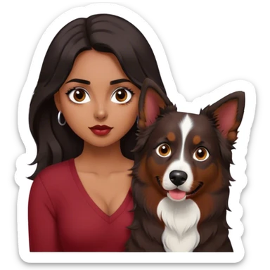 One latina girl with long beautiful dark hair and dark eyes in a dark red v neck and makeup with her black tri colored  Australian shepherd large sticker