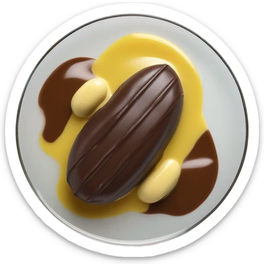 Chocolate and vanilla quenelle on glass plate with 3 drops of yellow sauce sticker