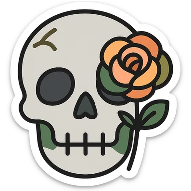 A light grey, slightly eerie skull with soft, rounded features and a haunting aura. One of its hollow eye sockets holds a delicate rose, its petals in shades of peach (FFCC9A) and soft orange (FA9B41), contrasting beautifully against the grey skull. The skull’s surface is textured with subtle hints of muted taupe brown (96775A) and deep forest green (4A7C5C), giving it a weathered, mystical look. The background is dark and atmospheric, with soft lighting highlighting the contrast between the cold, light grey of the skull and the warmth of the rose. The scene feels both macabre and elegant, with a touch of gothic beauty sticker