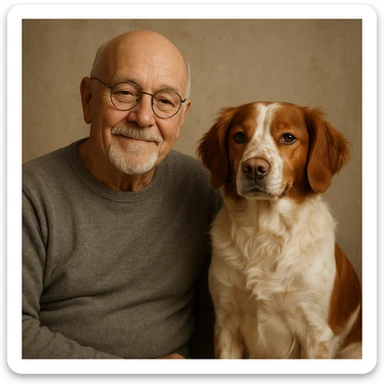 bald old man with round glasses and a grey goatee, sitting beside a Brittany Spaniel, both looking content sticker