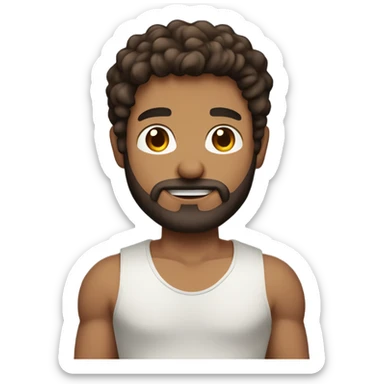 men holding his computer in hands. light brown skin men with curly dark brown hair, brown eyes, little grown beard. ust a tiny bit muscular. dressed casual. round face. sticker