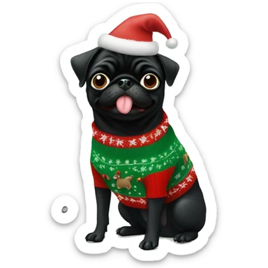 Black pug in Christmas tree sweater with mouthful of treats sticker