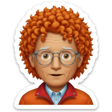 old man, orange curly hair, no mustache, wearing glasses, long face, wearing a red jacket sticker