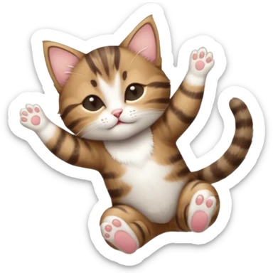 dark brown tabby and white kitten with his eyes closed whilst in funny positions stretched out and  upside down sticker