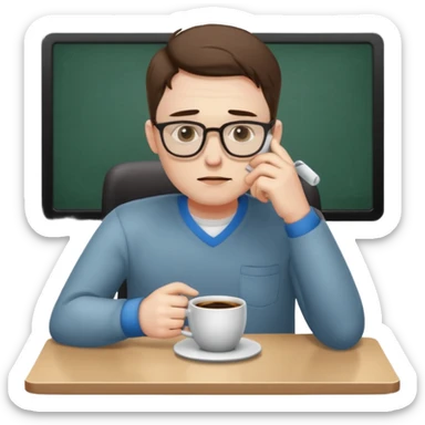 tired programmer with dark circles under his eyes drinks coffee sitting at a desk sticker