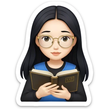 pretty asian girl sitting reading a blue book black top gold glasses black hair sticker