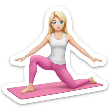 A cinematically realistic blonde with long hair and blue eyes, dressed in a white top and pink leggings, performs a sports exercise on a mat sticker