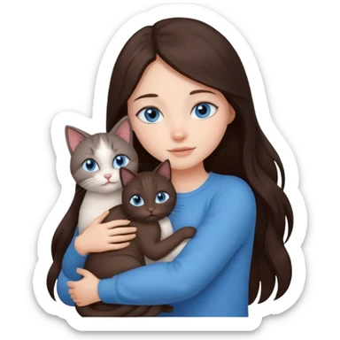 a pretty girl with long dark 
brown hair, with blue eyes, hugs 3 different natural coloured small cats sticker