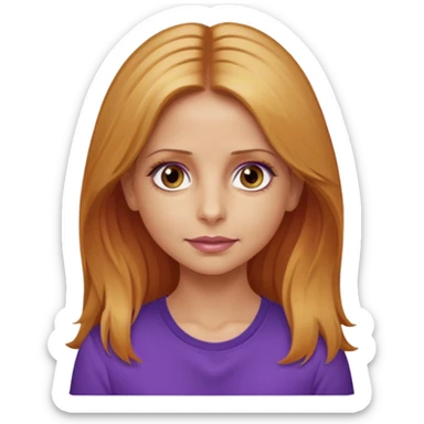 Sarah Michelle Gellar with hazel eyes, strawberry blonde long hair, purple shirt sticker