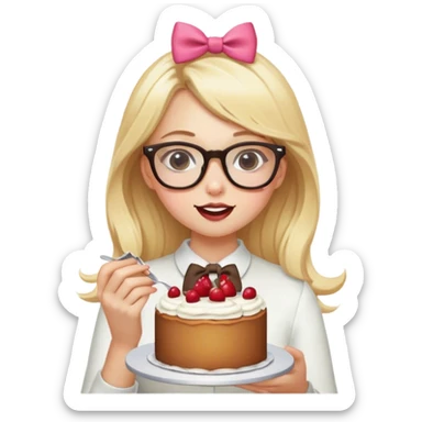 Blonde girl with glasses and a bow is eating a cake sticker