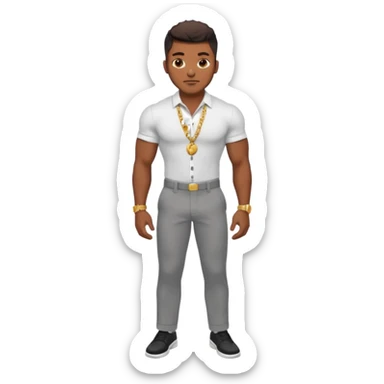 Handsome Black guy with brown skin tone, with lean muscular build, wearing gray slacks, a white button up top, black shoes, and a small gold chain sticker