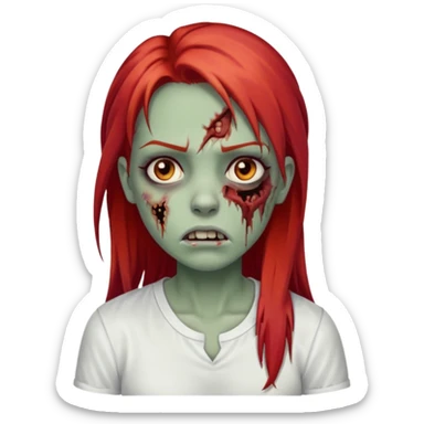 I want to draw a zombie woman, with a scar on her mouth and some bruises on her face, long, straight red hair, and black eyes. She'll be wearing a white shirt. sticker