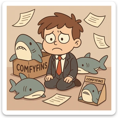 business kid, surrounded by ComfyFins products, looking sad as papers fly around, cartoon style sticker