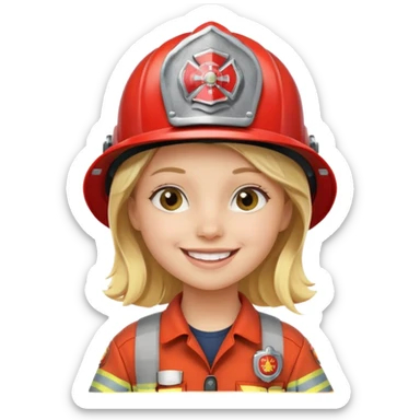 Young blonde girl, firefighter helmet, smiling brightly sticker