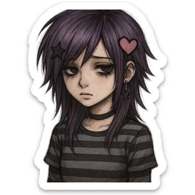 purple-haired emo girl, striped shirt, layered haircut, heart and star accessories, melancholic vibe sticker