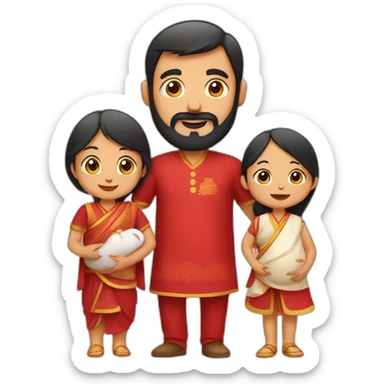 Indian dad with beard and Chinese wife in red and 1 small baby sticker