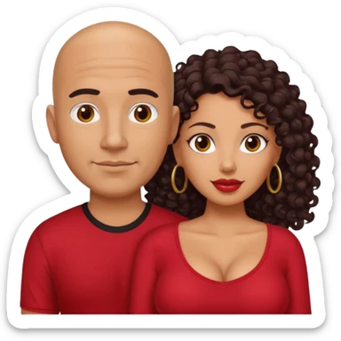 A picture of a sexy tanned couple. the guy is Mexican, with a bald hair cut and a red shirt. the girl is mixed, she has curly longer dark brown hair, and with big boobs and wearing black shirt  sticker