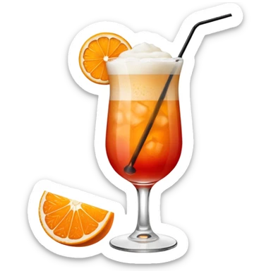 A tall glass filled with a frothy orange-red Garibaldi cocktail, topped with an orange wedge. sticker