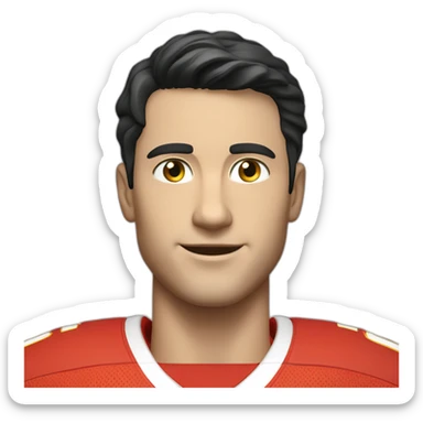 A young smiling white man with a long face in red Ferrari jersey with very short black hair and light green eyes and dig cheeks sticker