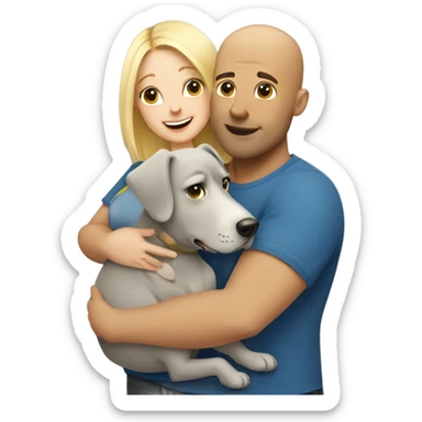 A bald, pumped-up man hugs a blonde pregnant girl and a gray dog sticker