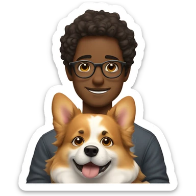 A young man with wavy hair and thin eyeglasses hugs a corgi sticker