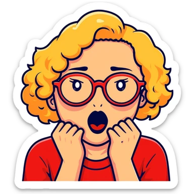 Blonde woman with short curly hair, slightly overweight, wearing red-framed glasses, shouting with hands on both sides of her mouth sticker